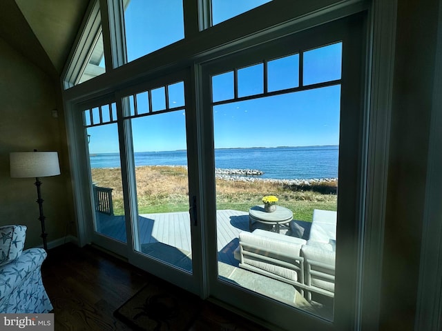 entryway featuring dark hardwood / wood-style flooring, a water view, and vaulted ceiling