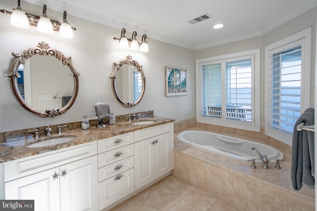 bathroom with tile patterned floors, vanity, ornamental molding, and tiled bath