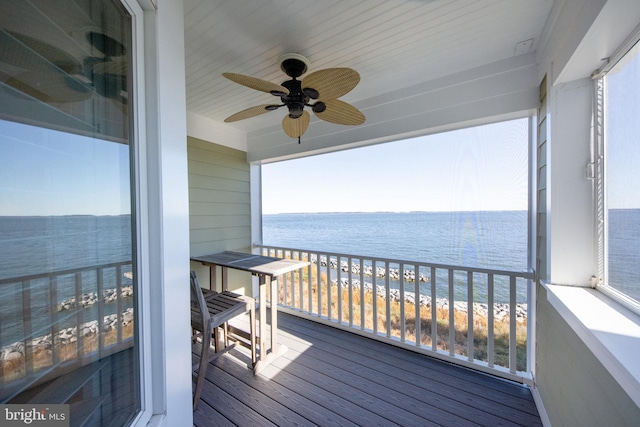 exterior space featuring ceiling fan and a water view