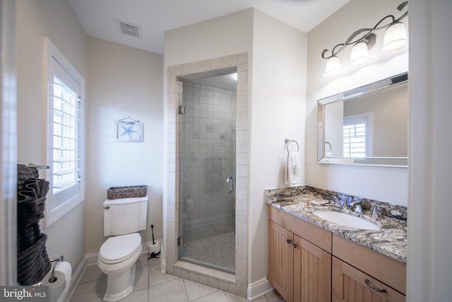 bathroom with tile patterned flooring, vanity, toilet, and a shower with door