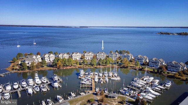 drone / aerial view featuring a water view