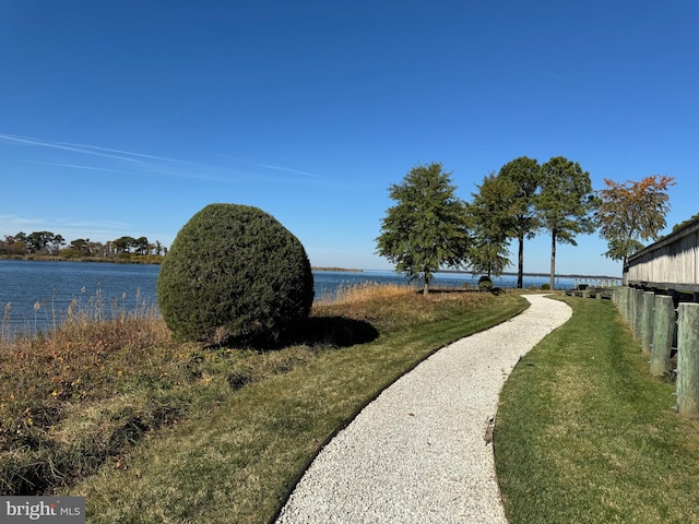 view of home's community featuring a water view and a lawn