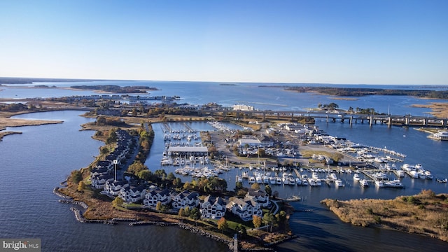 birds eye view of property featuring a water view