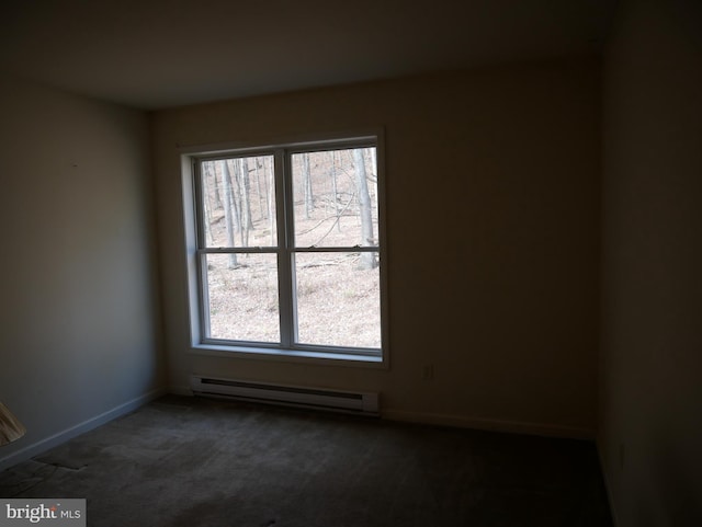 carpeted empty room with baseboard heating