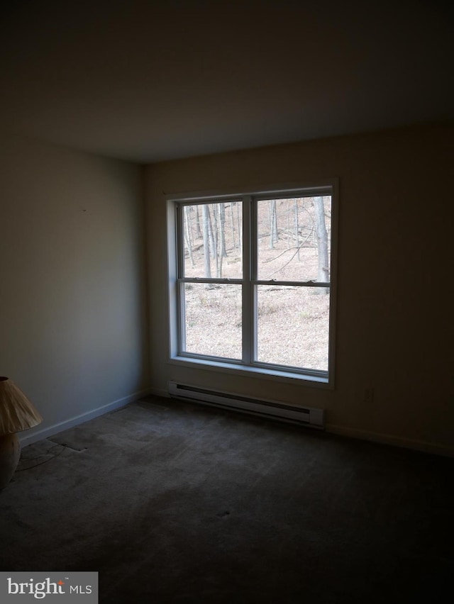 spare room featuring carpet floors and baseboard heating