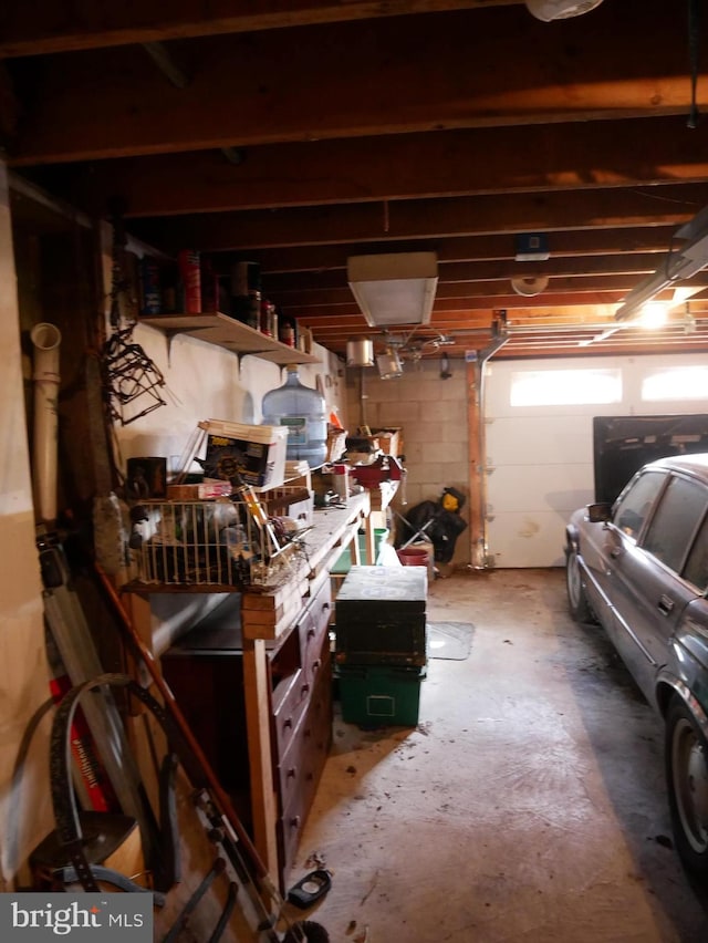 garage with a workshop area