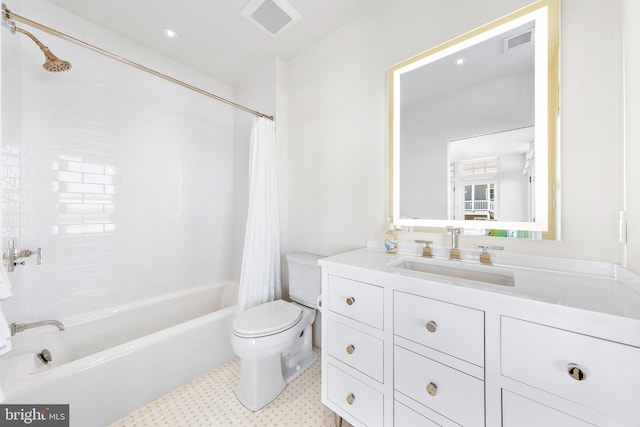 full bathroom with toilet, shower / bath combination with curtain, visible vents, and vanity