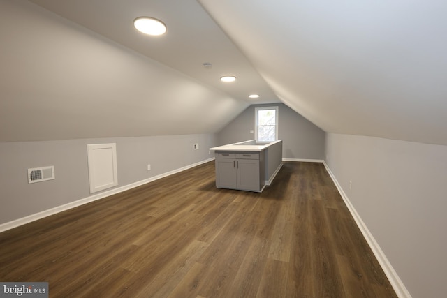 additional living space featuring dark hardwood / wood-style floors and lofted ceiling