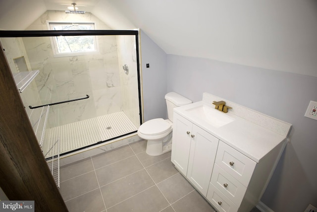 bathroom with walk in shower, tile patterned floors, vaulted ceiling, toilet, and vanity