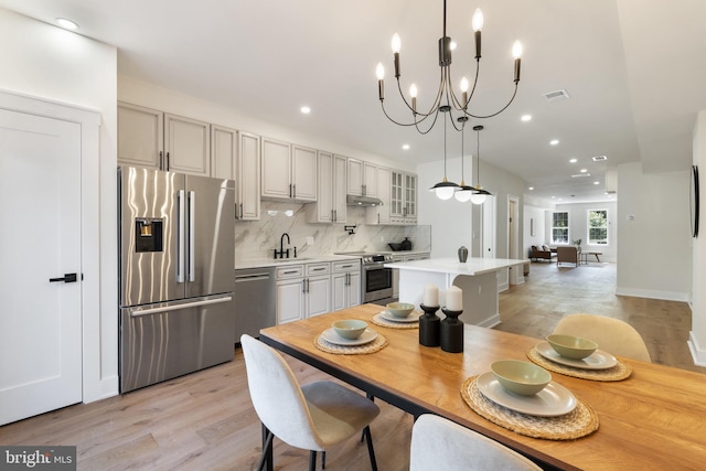 dining area with an inviting chandelier, sink, and light wood-type flooring