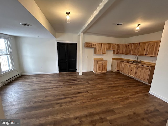 kitchen with dark wood-style floors, baseboards, visible vents, and baseboard heating