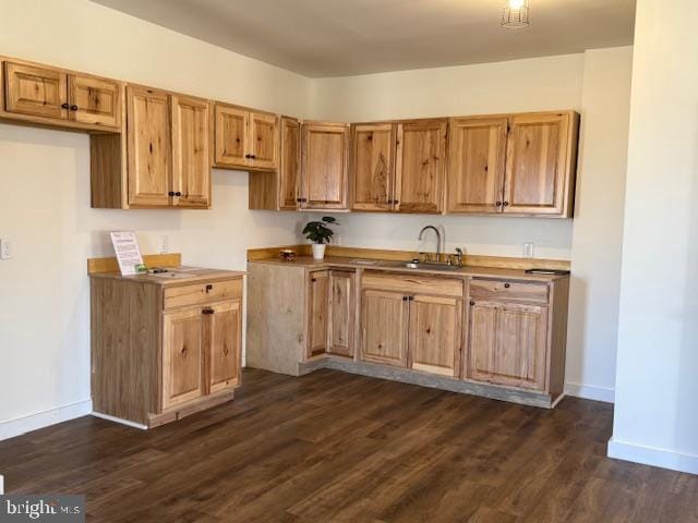 kitchen featuring a sink, dark wood finished floors, and baseboards