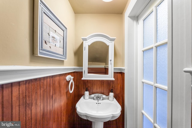 bathroom featuring sink and wood walls