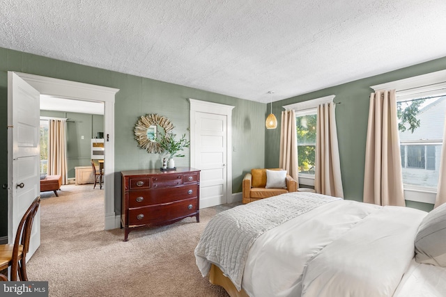 carpeted bedroom with a textured ceiling and multiple windows