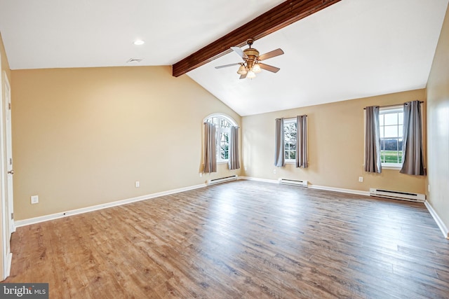 unfurnished living room with hardwood / wood-style floors, vaulted ceiling with beams, and baseboard heating