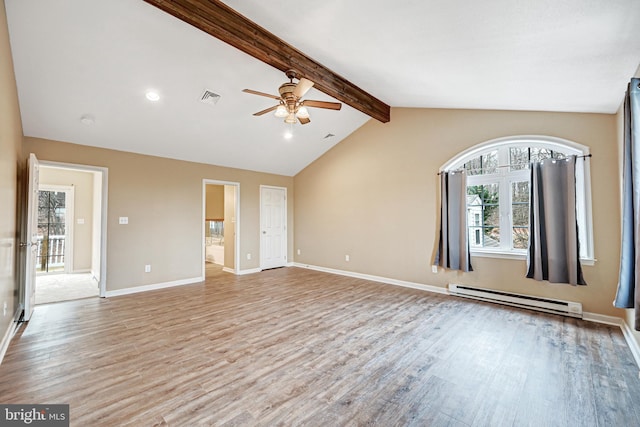 unfurnished living room featuring lofted ceiling with beams, a baseboard radiator, light hardwood / wood-style flooring, and ceiling fan