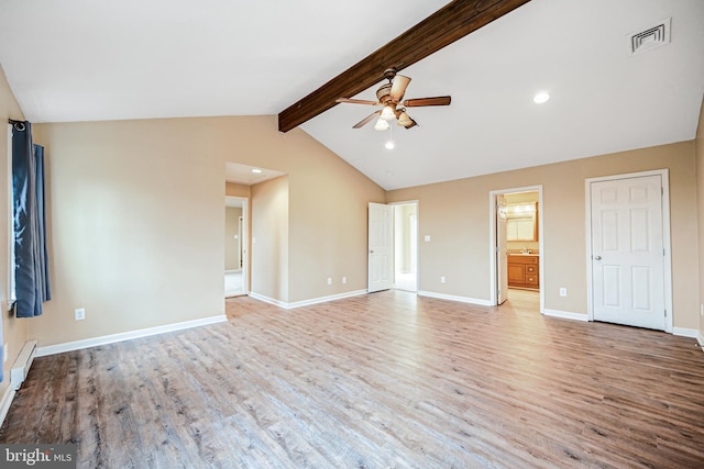 interior space with vaulted ceiling with beams, light hardwood / wood-style floors, ceiling fan, and a baseboard radiator