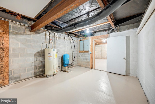 basement with electric panel and water heater