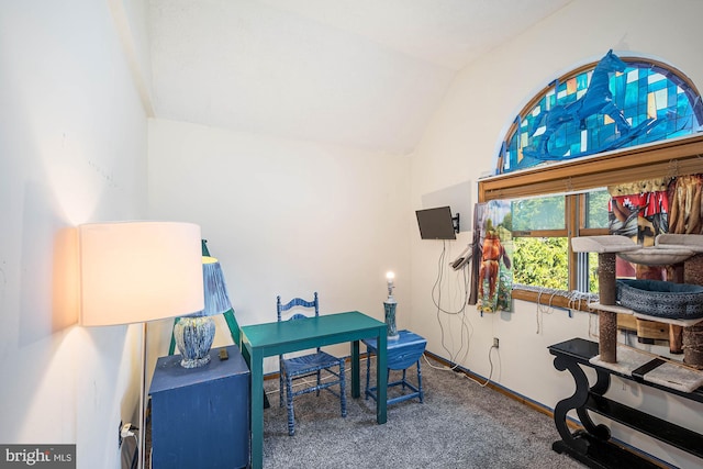 carpeted office space featuring lofted ceiling