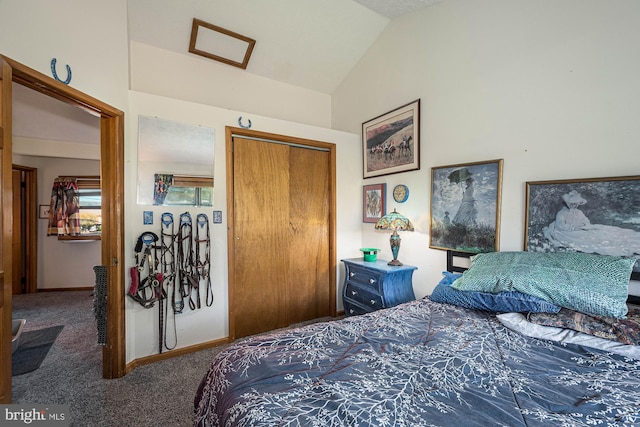 bedroom with lofted ceiling, carpet floors, and a closet