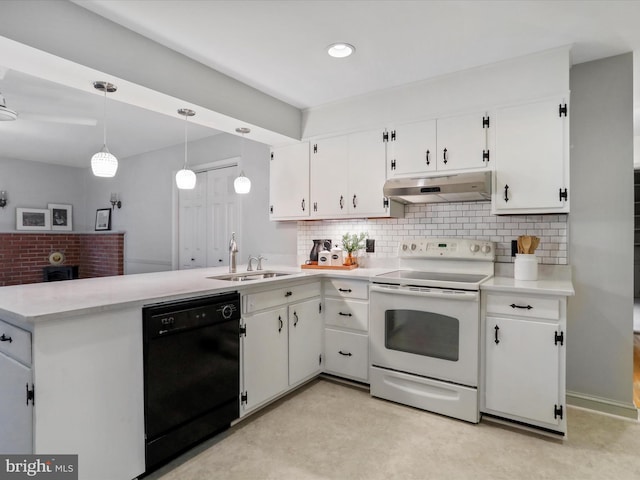 kitchen featuring white cabinets, black dishwasher, hanging light fixtures, range with electric cooktop, and sink