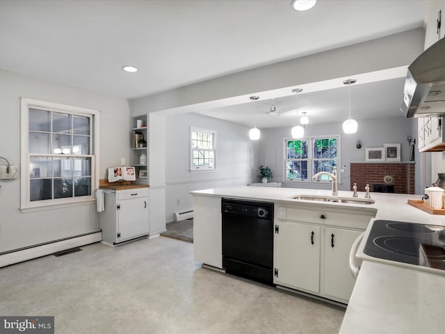 kitchen with sink, dishwasher, white cabinets, and hanging light fixtures