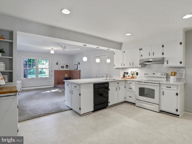 kitchen featuring kitchen peninsula, white cabinets, hanging light fixtures, dishwasher, and electric range oven