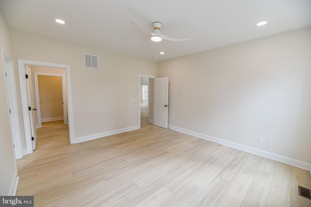 unfurnished bedroom featuring light hardwood / wood-style flooring and ceiling fan