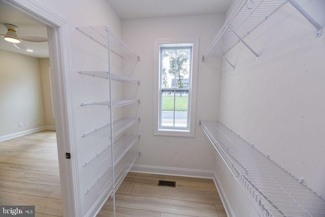 walk in closet with light hardwood / wood-style flooring and ceiling fan