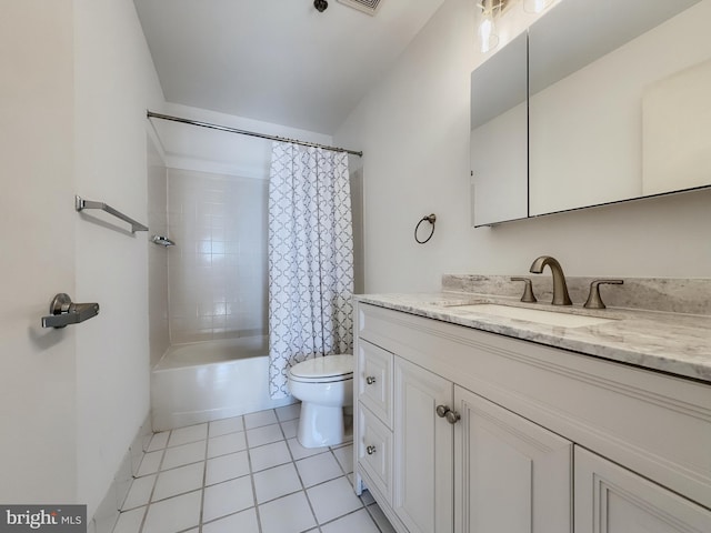 full bathroom with vanity, shower / bath combination with curtain, toilet, tile patterned flooring, and visible vents