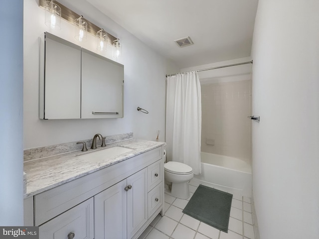 bathroom featuring vanity, shower / tub combo, toilet, tile patterned flooring, and visible vents