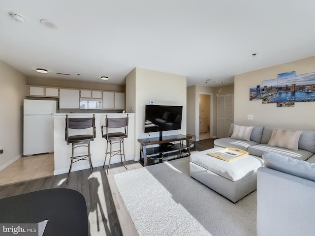 living room with light wood finished floors and baseboards