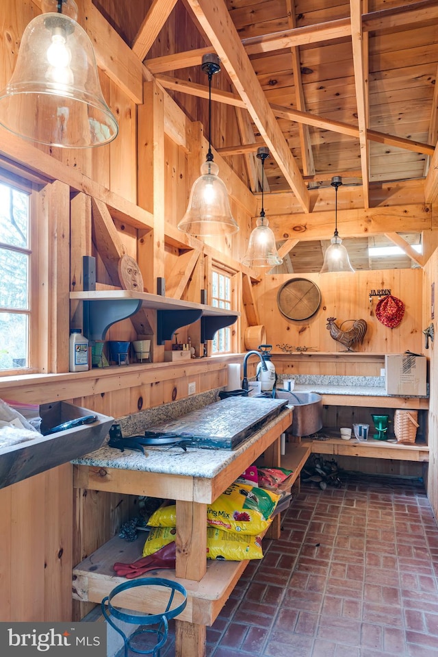 miscellaneous room with lofted ceiling and wood walls