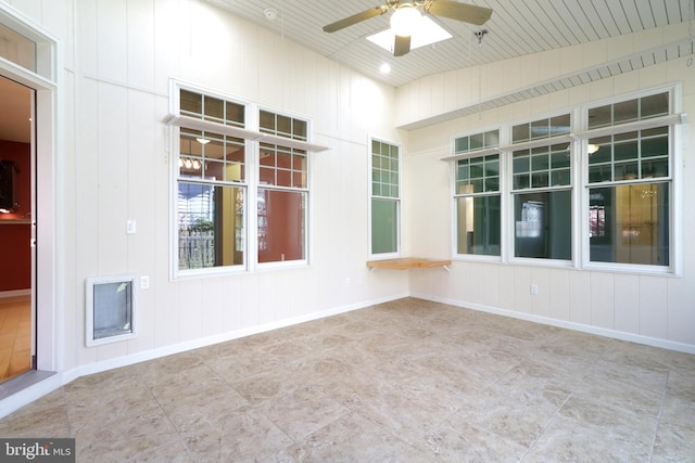 interior space with vaulted ceiling, ceiling fan, and wood ceiling