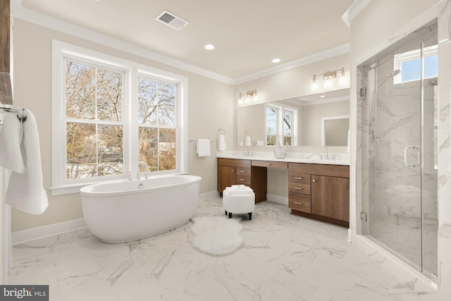 bathroom with separate shower and tub, vanity, and ornamental molding