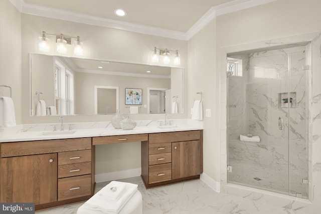 bathroom with a shower with shower door, vanity, and crown molding