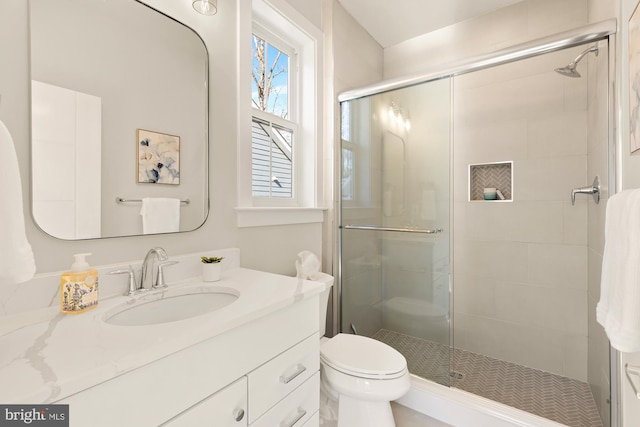 bathroom with toilet, vanity, and an enclosed shower