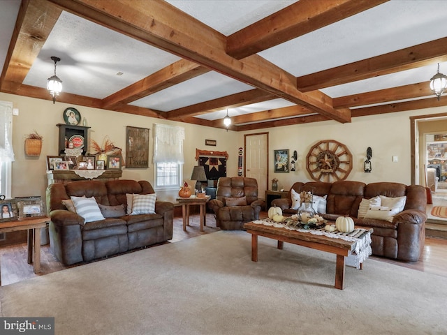 living room with light wood-type flooring and beamed ceiling