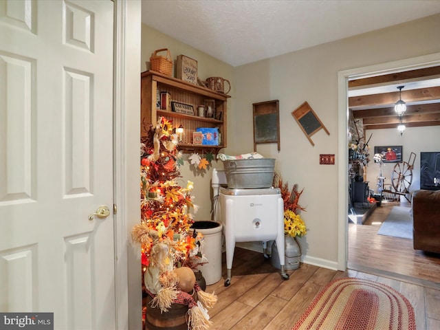 interior space featuring light hardwood / wood-style floors and beam ceiling