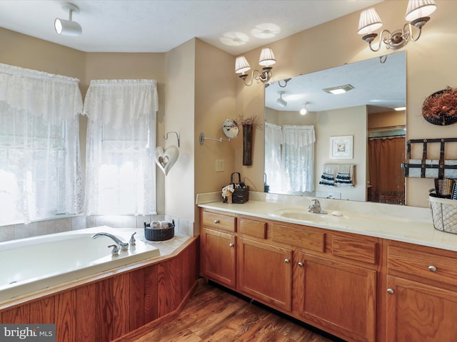 bathroom featuring hardwood / wood-style flooring, vanity, and a bathing tub