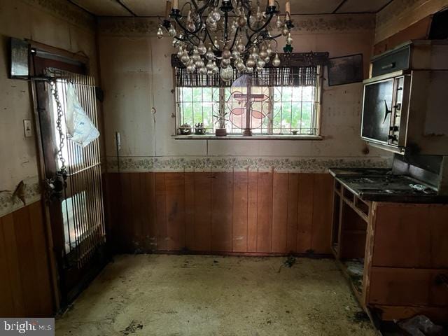 kitchen with wood walls