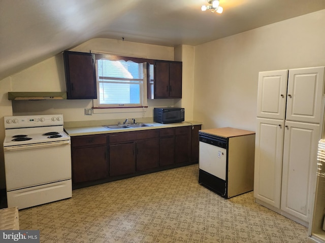 kitchen featuring vaulted ceiling, dark brown cabinetry, sink, ventilation hood, and white appliances