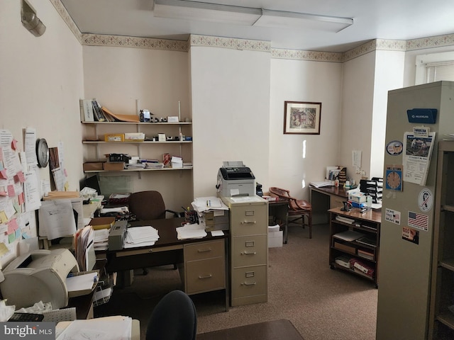 office area featuring dark carpet