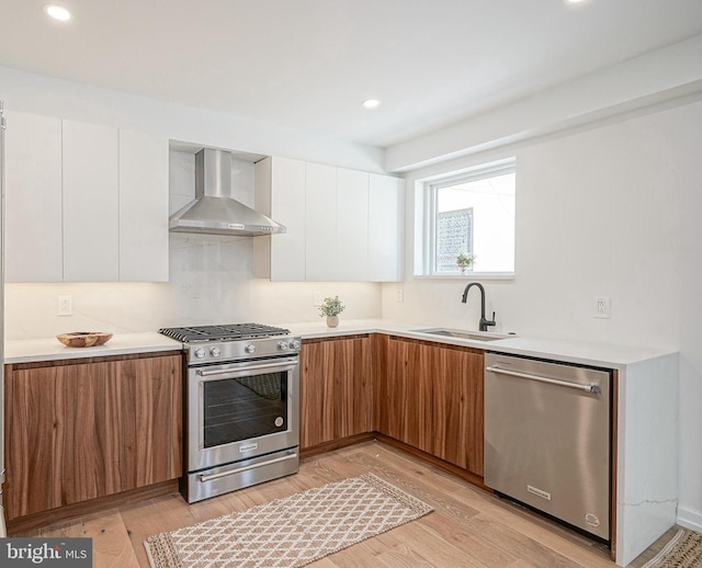 kitchen featuring white cabinetry, stainless steel appliances, wall chimney range hood, and sink