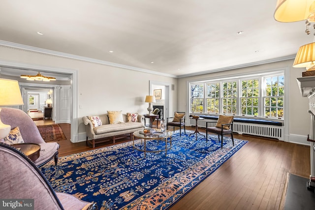 living room featuring ornamental molding, hardwood / wood-style floors, and radiator heating unit