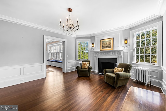 living area featuring dark hardwood / wood-style flooring, ornamental molding, an inviting chandelier, and radiator