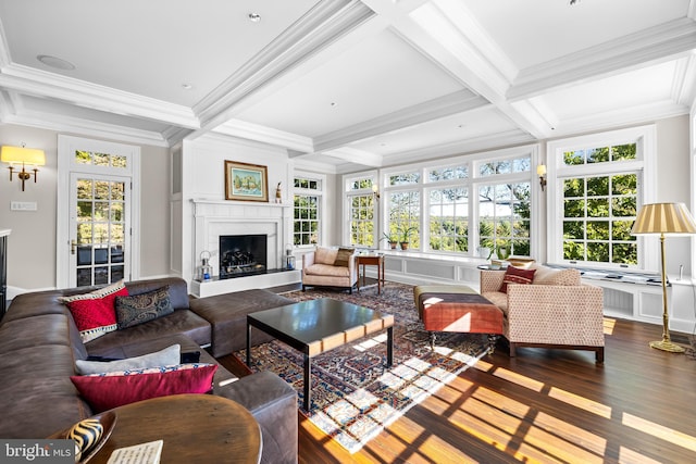 living room with coffered ceiling, hardwood / wood-style flooring, and a healthy amount of sunlight