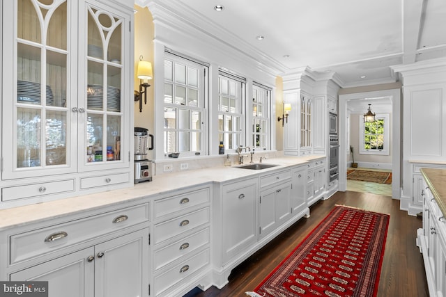 bathroom with vanity, crown molding, and wood-type flooring