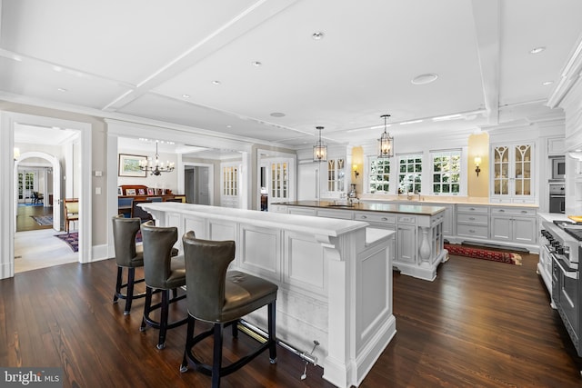 kitchen featuring a spacious island, dark hardwood / wood-style floors, a kitchen breakfast bar, stainless steel appliances, and decorative light fixtures