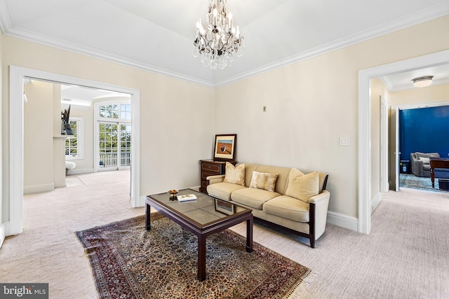 carpeted living room featuring a notable chandelier and crown molding